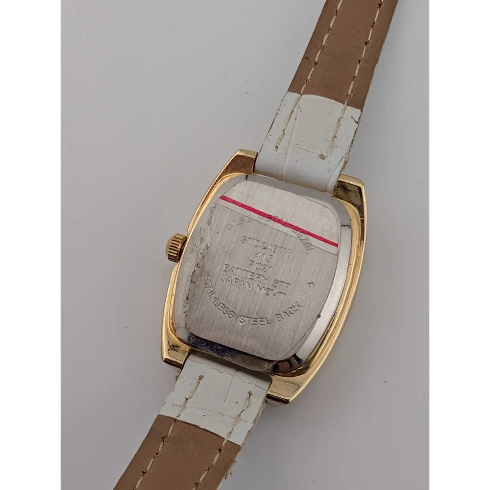 Studio‎ Time Watch Women 21mm Gold Case MOP Dial White Band- New Battery